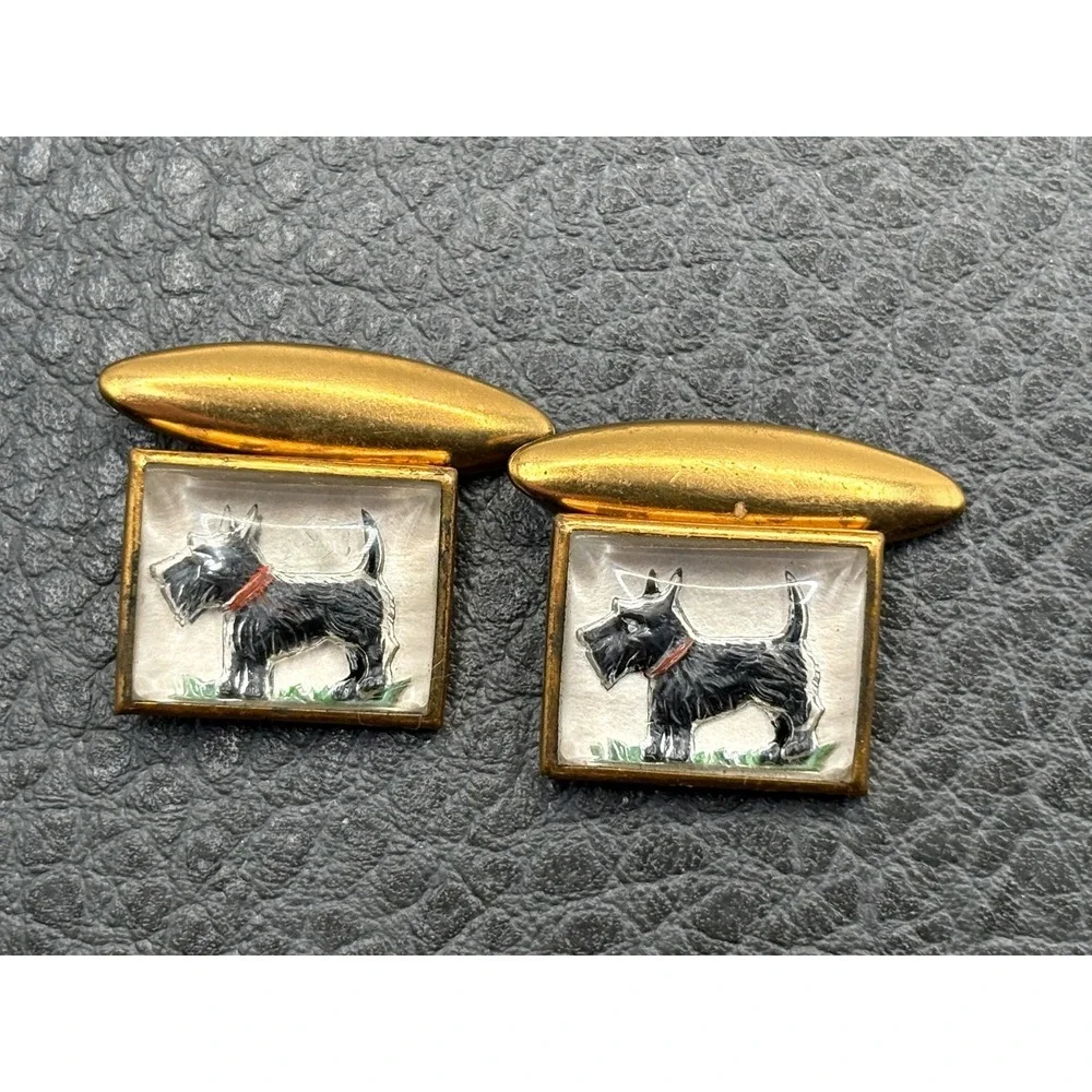 Vintage Scottish Terrier Scottie Dog Enamel Cufflinks Essex Gold Tone